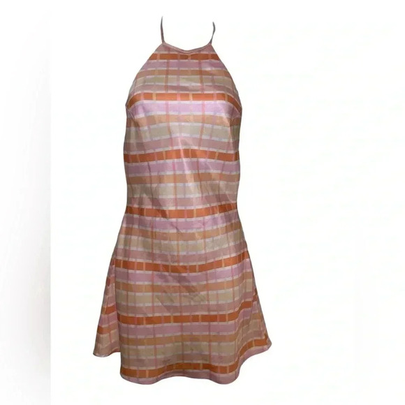 Nia Halter Mini Dress NWOT Satin Look Plaid Orange Pink Size S Sample - Picture 2 of 5